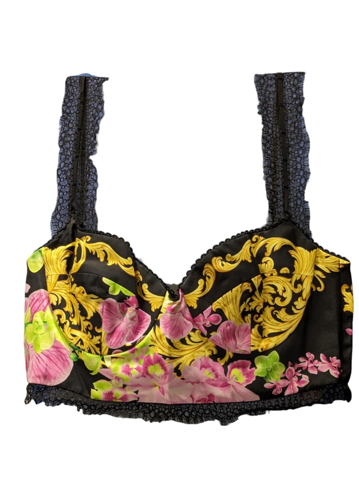 VERSACE Black Crop Top Lingerie Lace Flower Baroque Print Silk UK12 NEW RRP 740