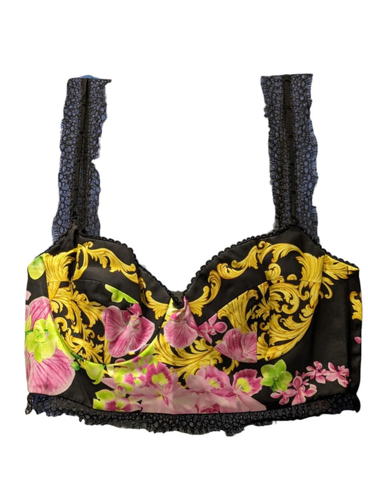 VERSACE Black Crop Top Lingerie Lace Flower Baroque Print Silk UK12 NEW RRP 740