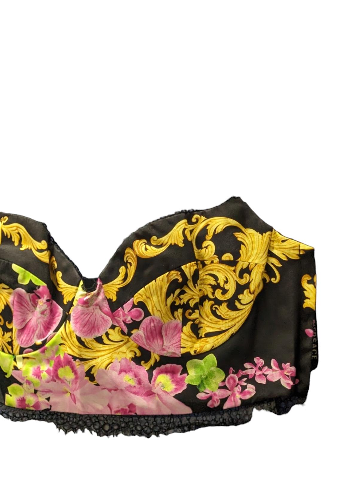 VERSACE Black Crop Top Lingerie Lace Flower Baroque Print Silk UK12 NEW RRP 740