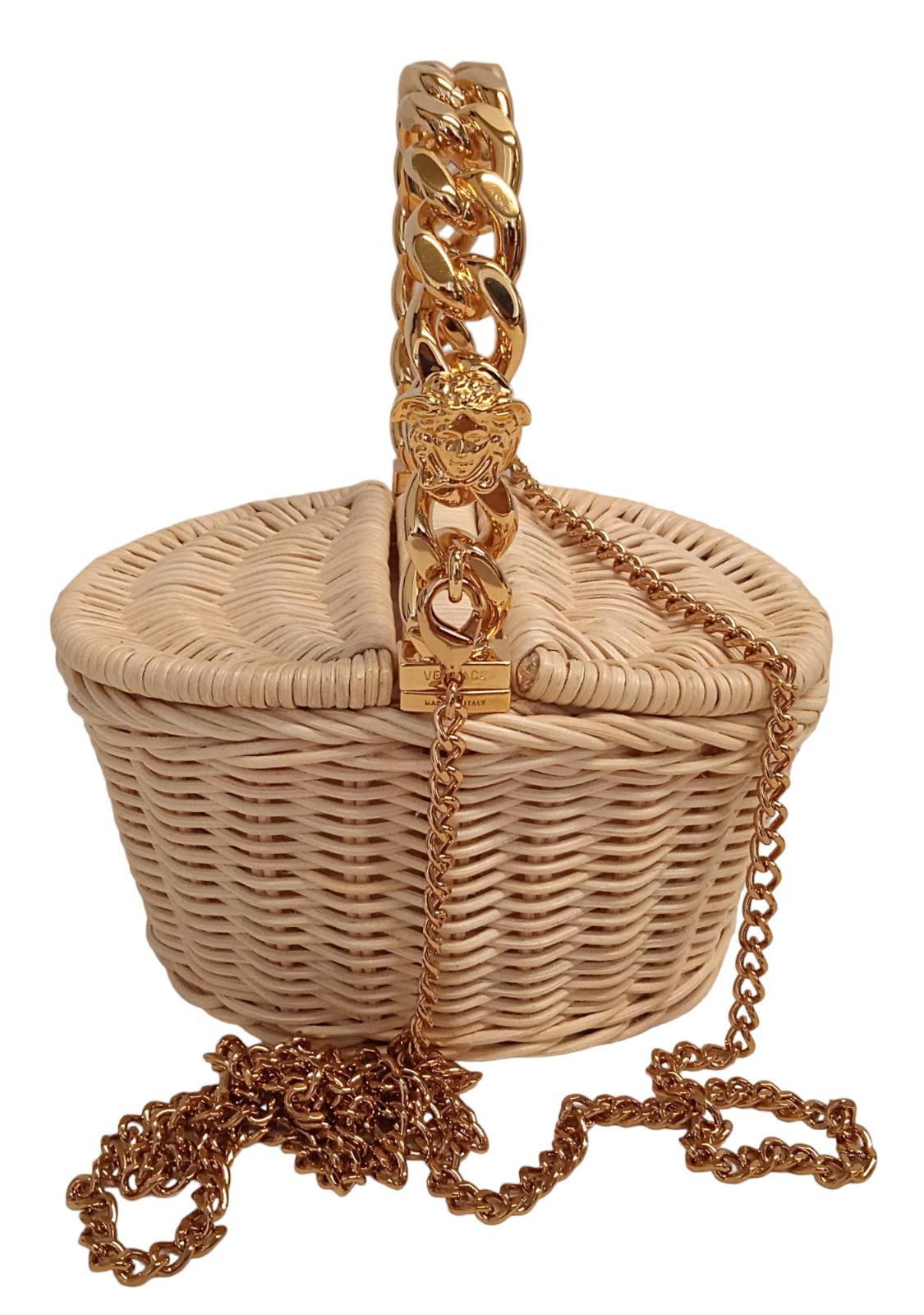 VERSACE Ladies Micro Basket Wood Chain Mini Hand Bag Wood/Gold NEW RRP940