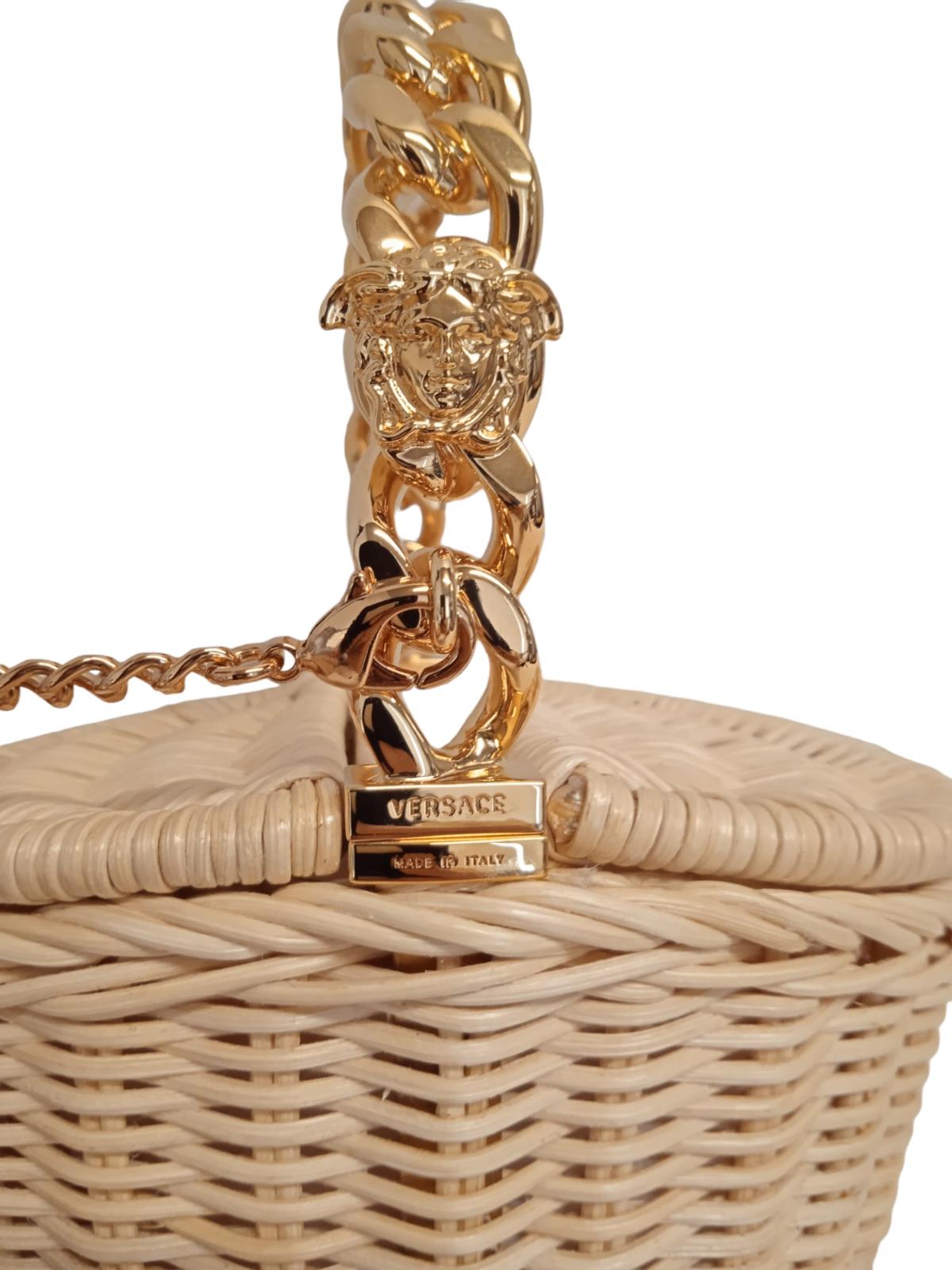 VERSACE Ladies Micro Basket Wood Chain Mini Hand Bag Wood/Gold NEW RRP940