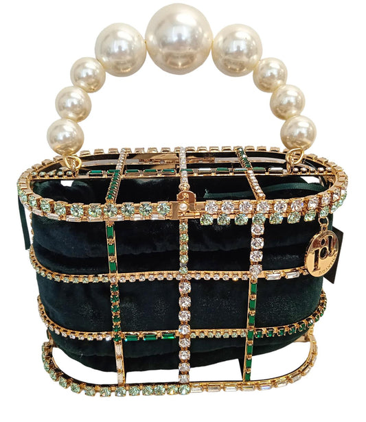 ROSANTICA Ladies Holli Velluto Green Crystal & Faux Pearl Handle Bag NEW RRP860