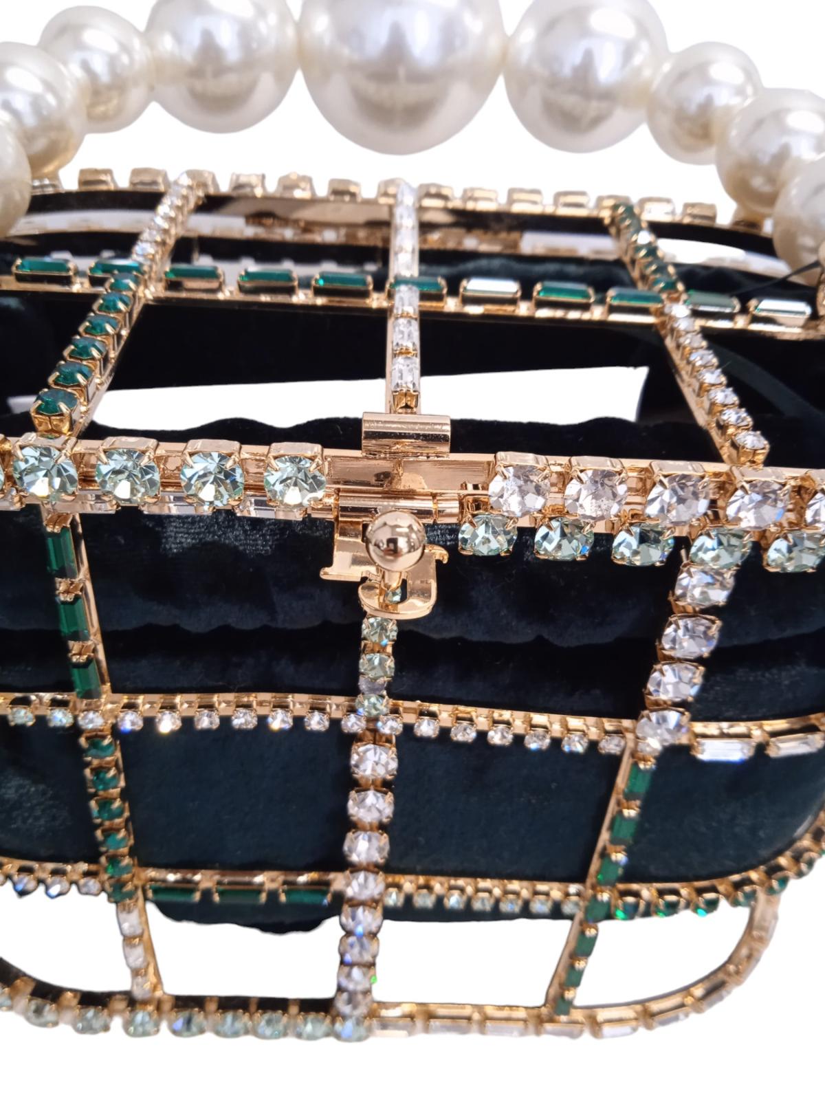 ROSANTICA Ladies Holli Velluto Green Crystal & Faux Pearl Handle Bag NEW RRP860