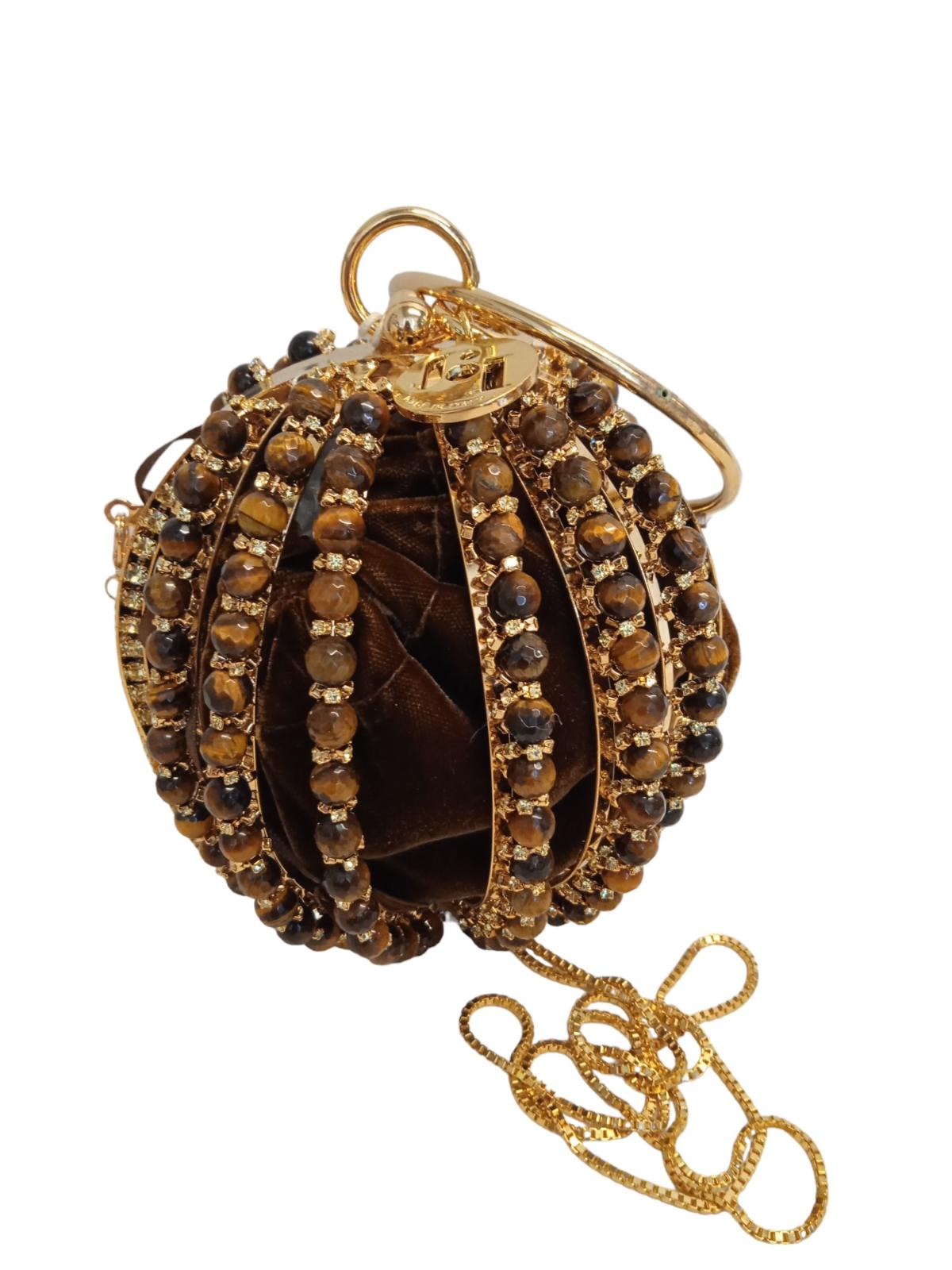 ROSANTICA Ladies Diletta Brown/Gold-Tone Beaded Round Bracelet Bag NEW RRP800