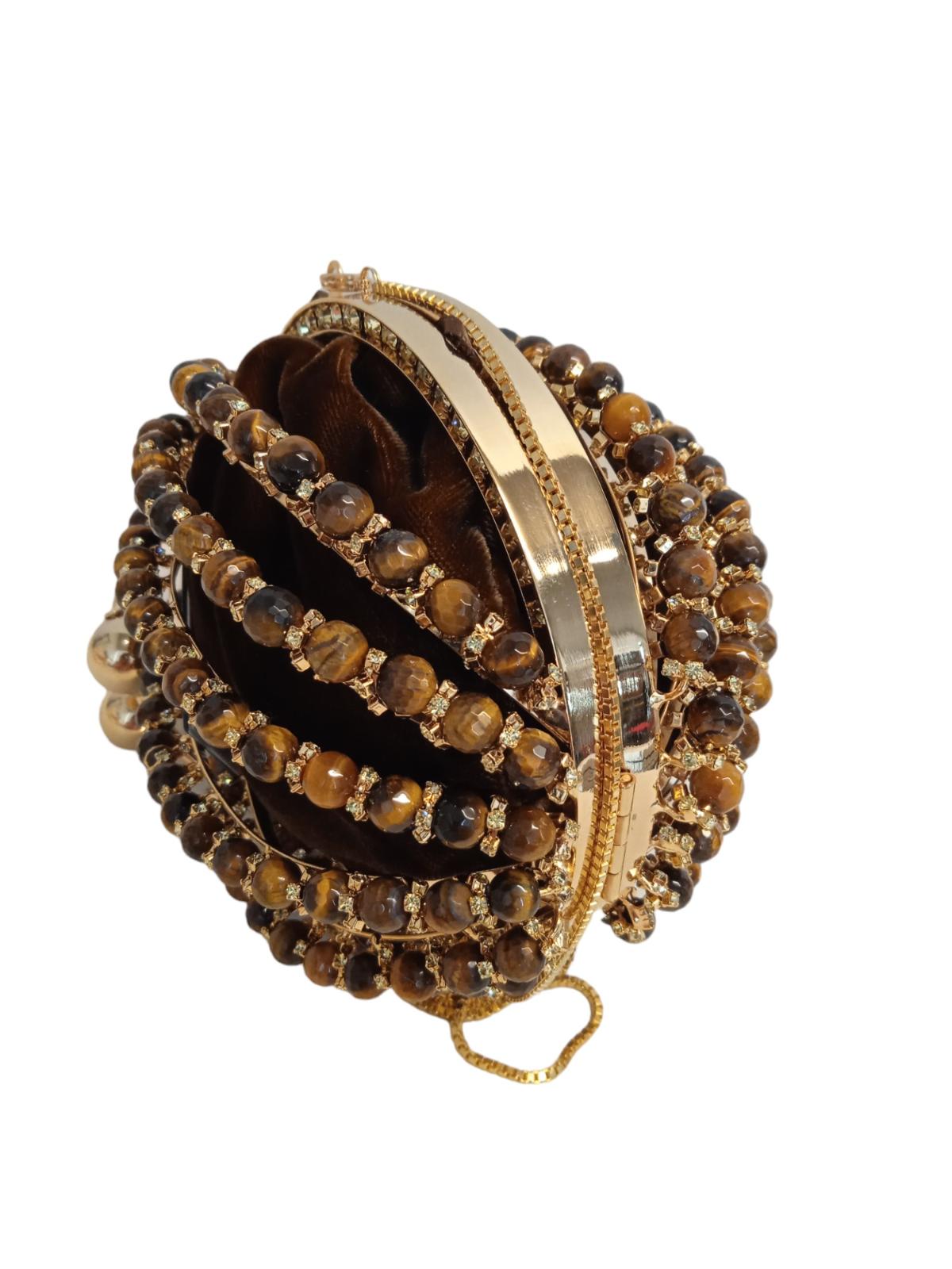 ROSANTICA Ladies Diletta Brown/Gold-Tone Beaded Round Bracelet Bag NEW RRP800