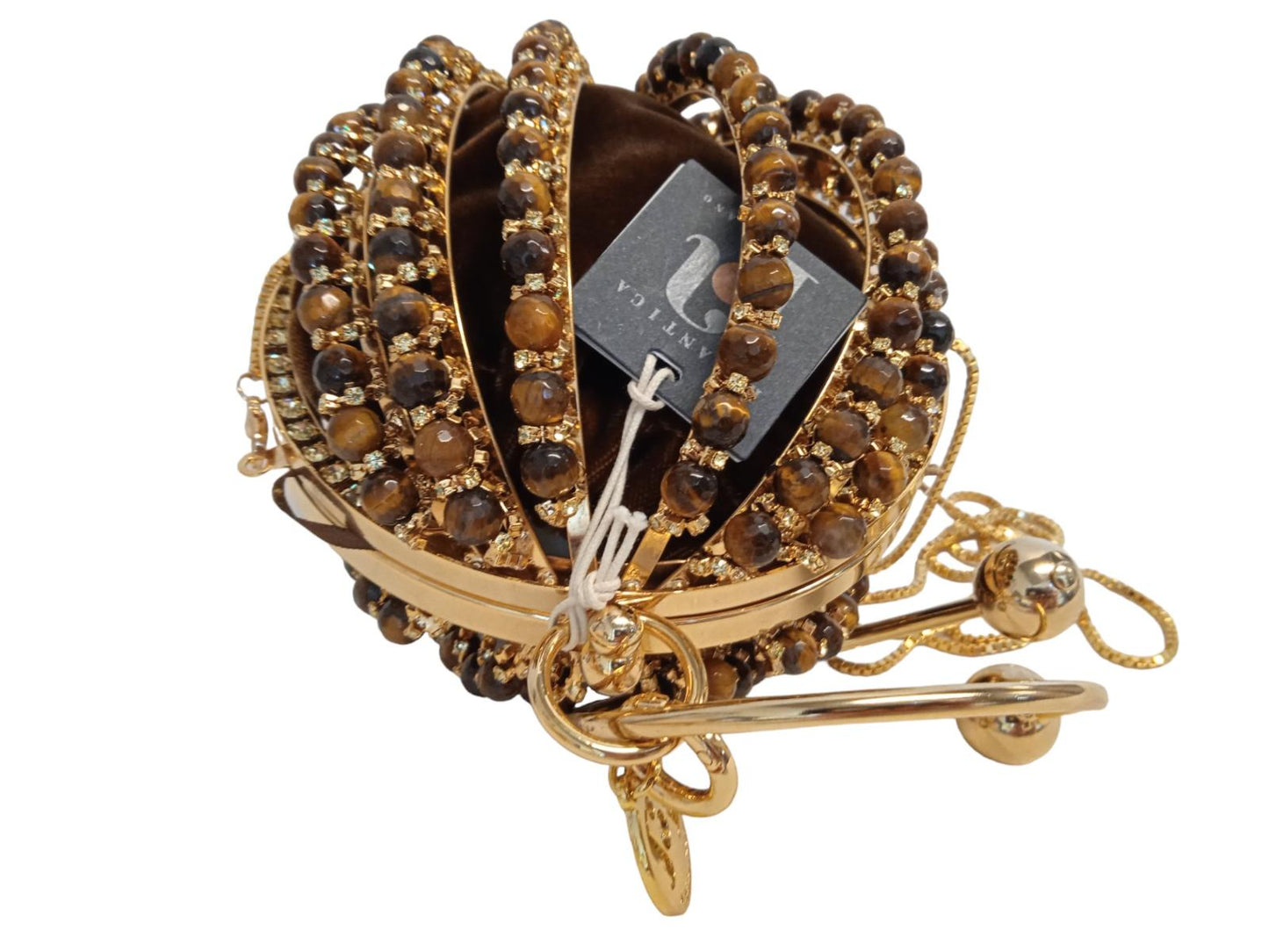 ROSANTICA Ladies Diletta Brown/Gold-Tone Beaded Round Bracelet Bag NEW RRP800