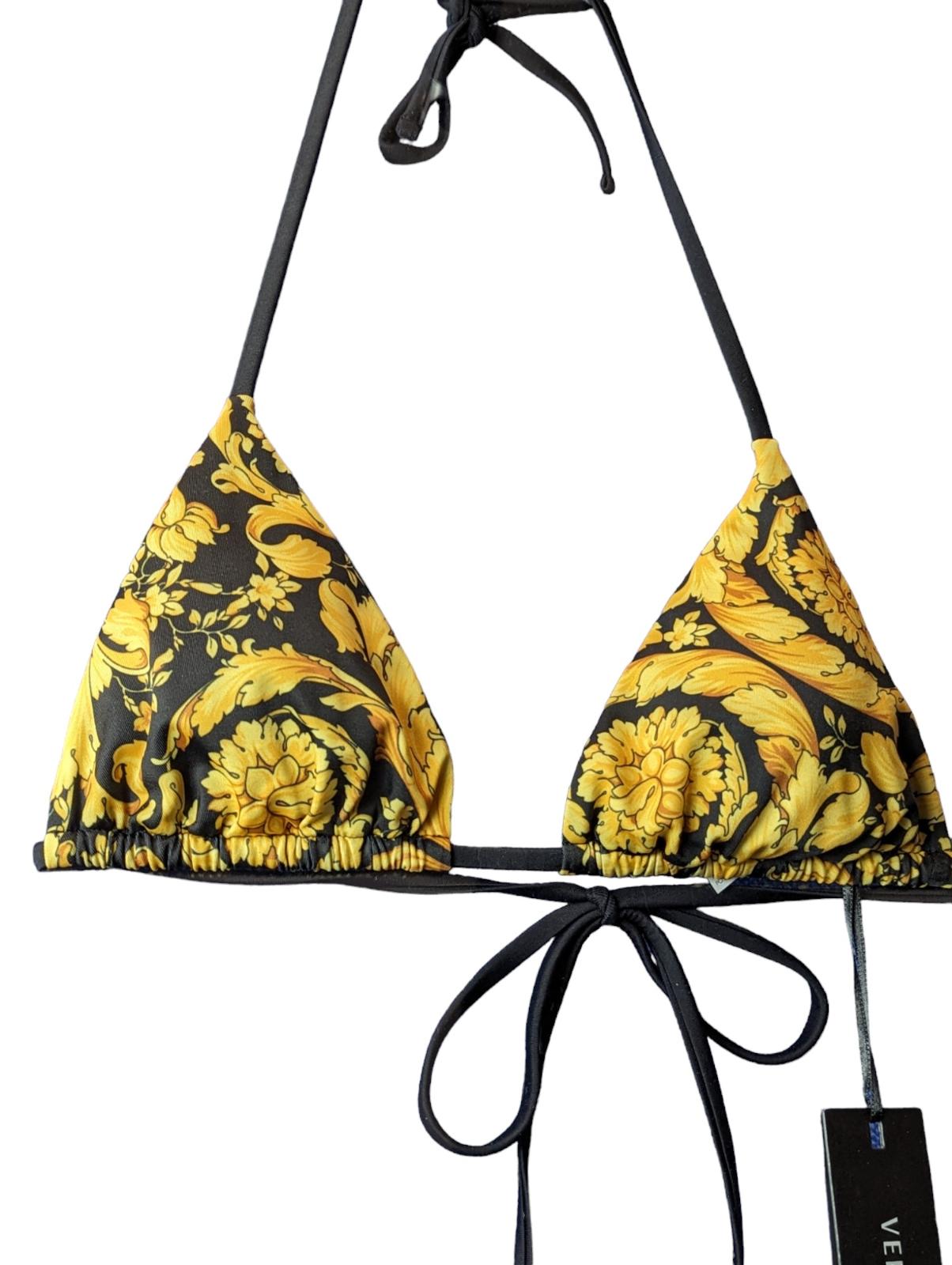 VERSACE Baroque Print Triangle Bikini Top Black Yellow (1) S NEW RRP 255