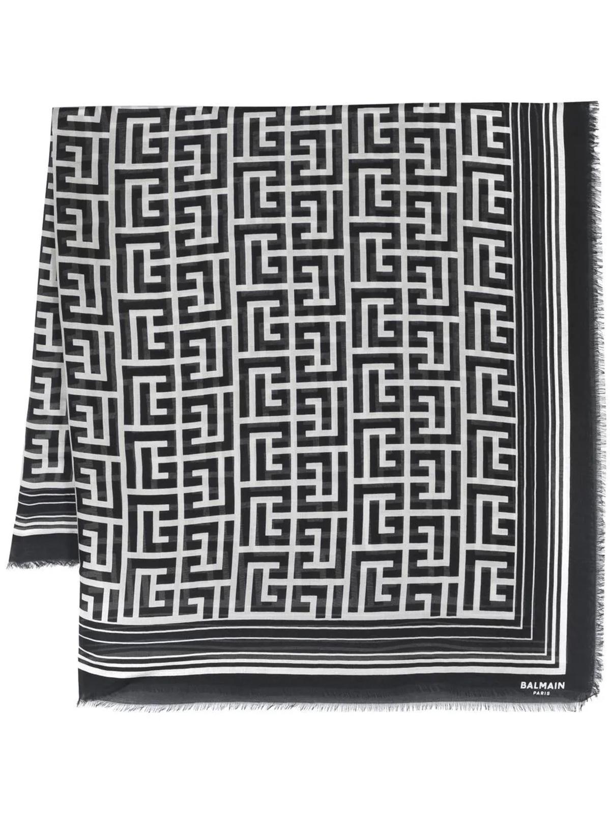 BALMAIN Ladies Black & White Modal Reversible Monogram Scarf One Size RRP395 NEW
