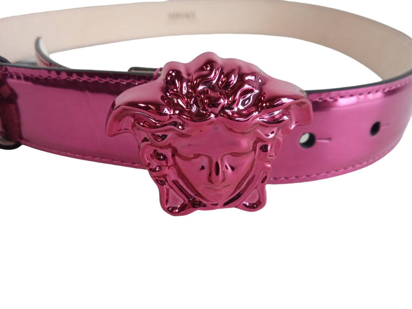 VERSACE Ladies Metallic Pink Leather Medusa Buckle Adjustable Belt 75 RRP370 NEW