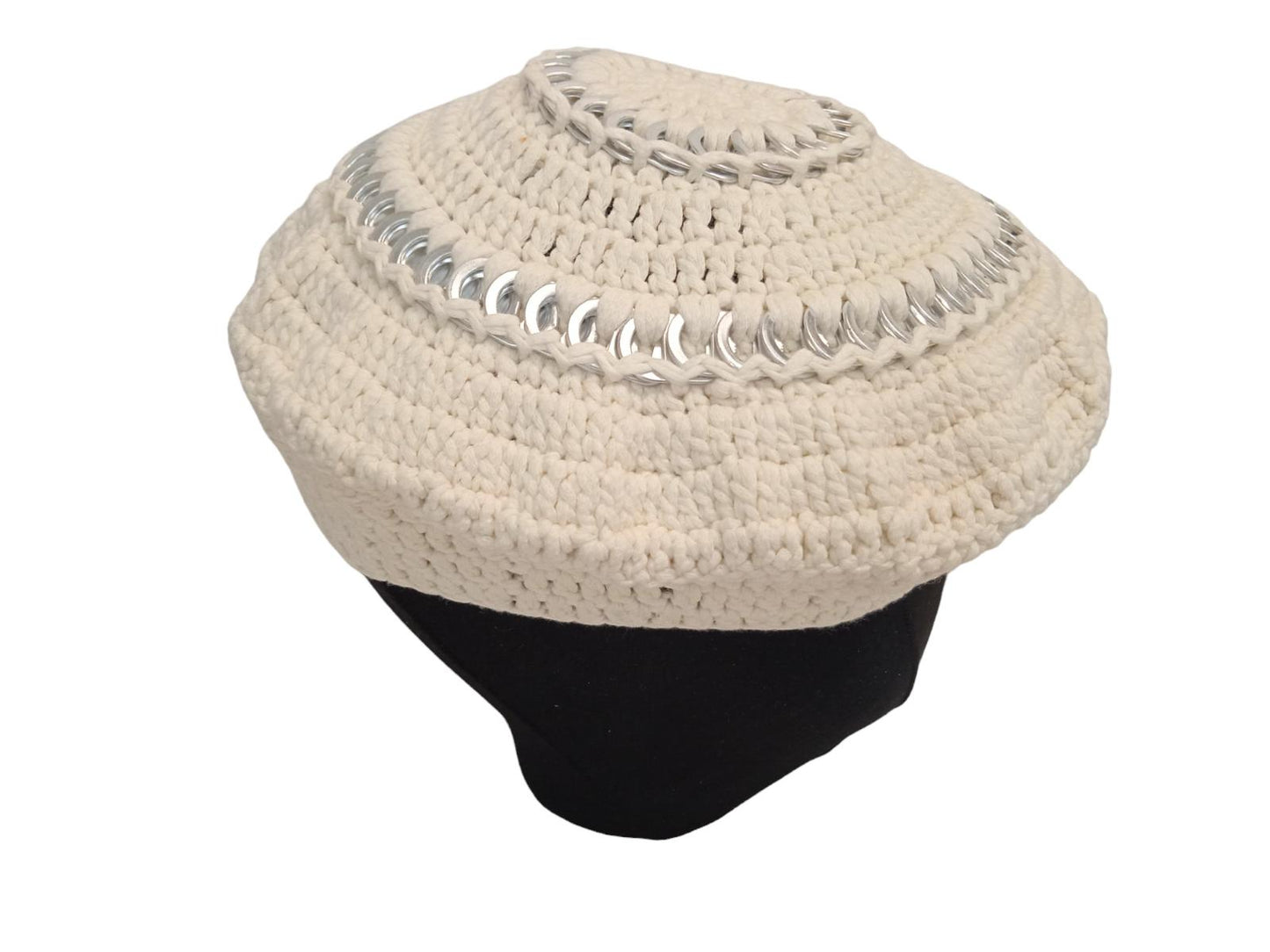 GANNI Crochet Beret A3485 Embellished Cotton Knit 135 Egret White OS NEW RRP75