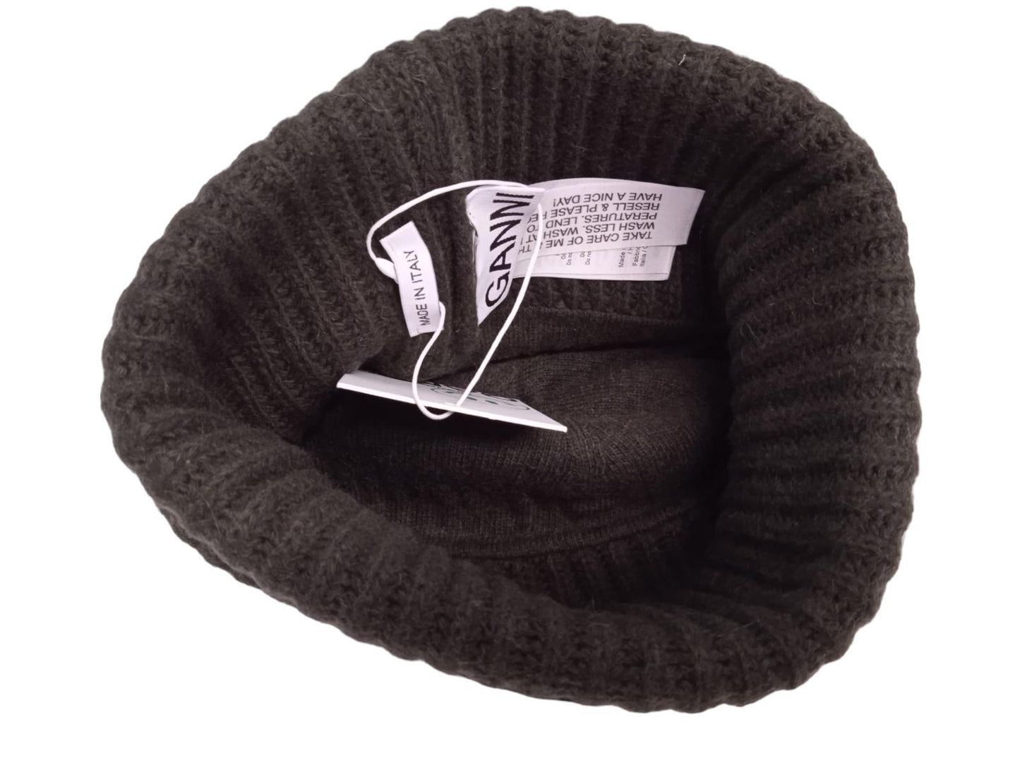 GANNI Beanie Hat A3535 Recycled Wool Blend Knit Kalamata Green OS NEW RRP75