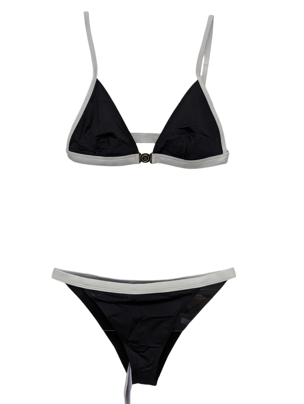 BALMAIN Black Bikini Sets Triangle Logo Front Clasp White Trim UK12 NEW RRP 315