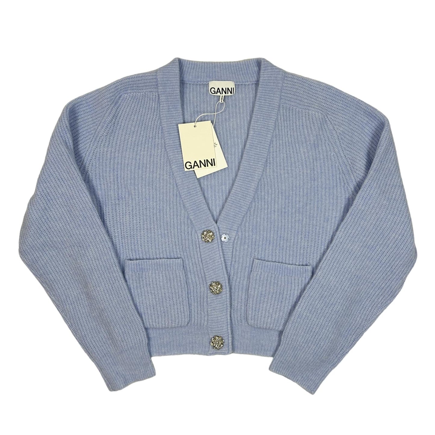 GANNI Blue Wool Knitwear Cardigan Size M NEW RRP 275