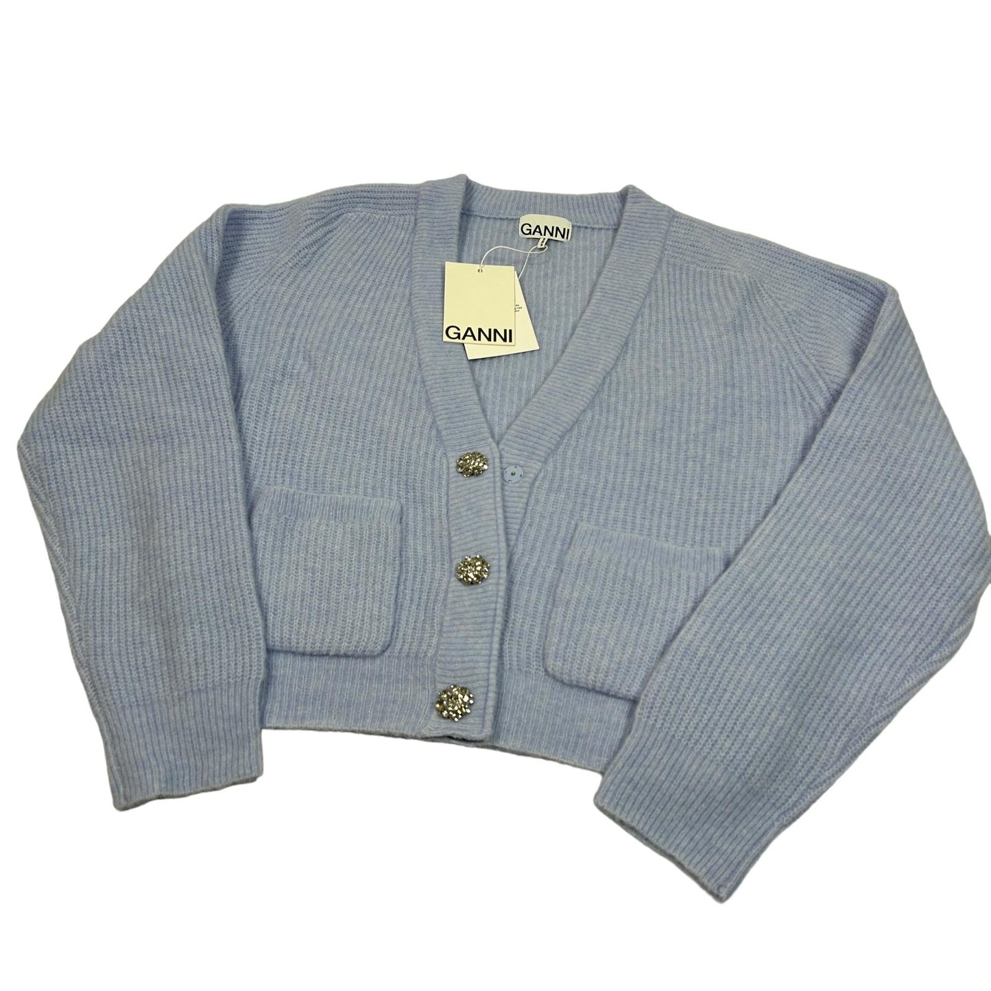 GANNI Blue Wool Knitwear Cardigan Size M NEW RRP 275