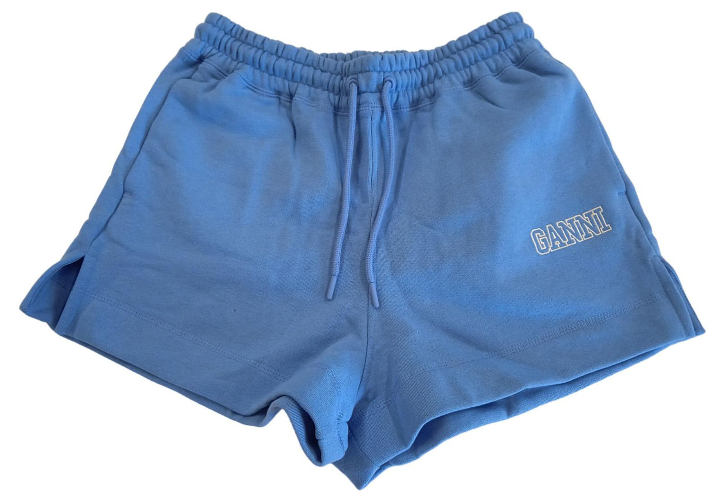 GANNI T2924 Drawstring Shorts Elastic Waist Cotton Blend Azure Blue S NEW RRP95