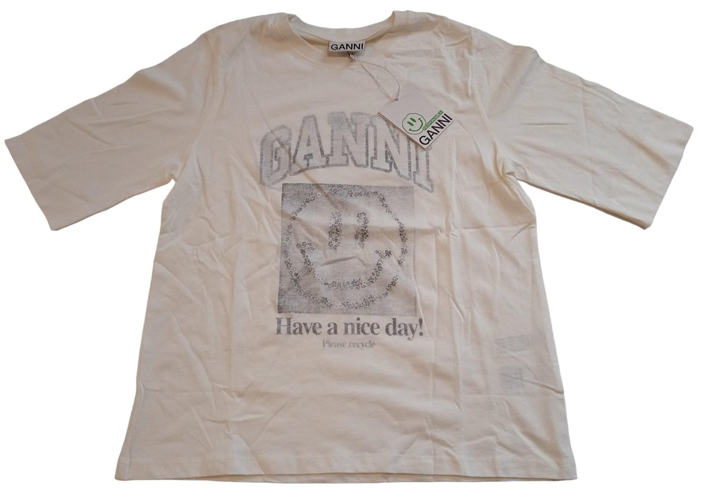 GANNI Smiley Logo T-Shirt Organic Cotton Short Sleeve Ladies Egret M NEW RRP75