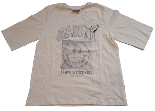 GANNI Smiley Logo T-Shirt Organic Cotton Short Sleeve Ladies Egret M NEW RRP75