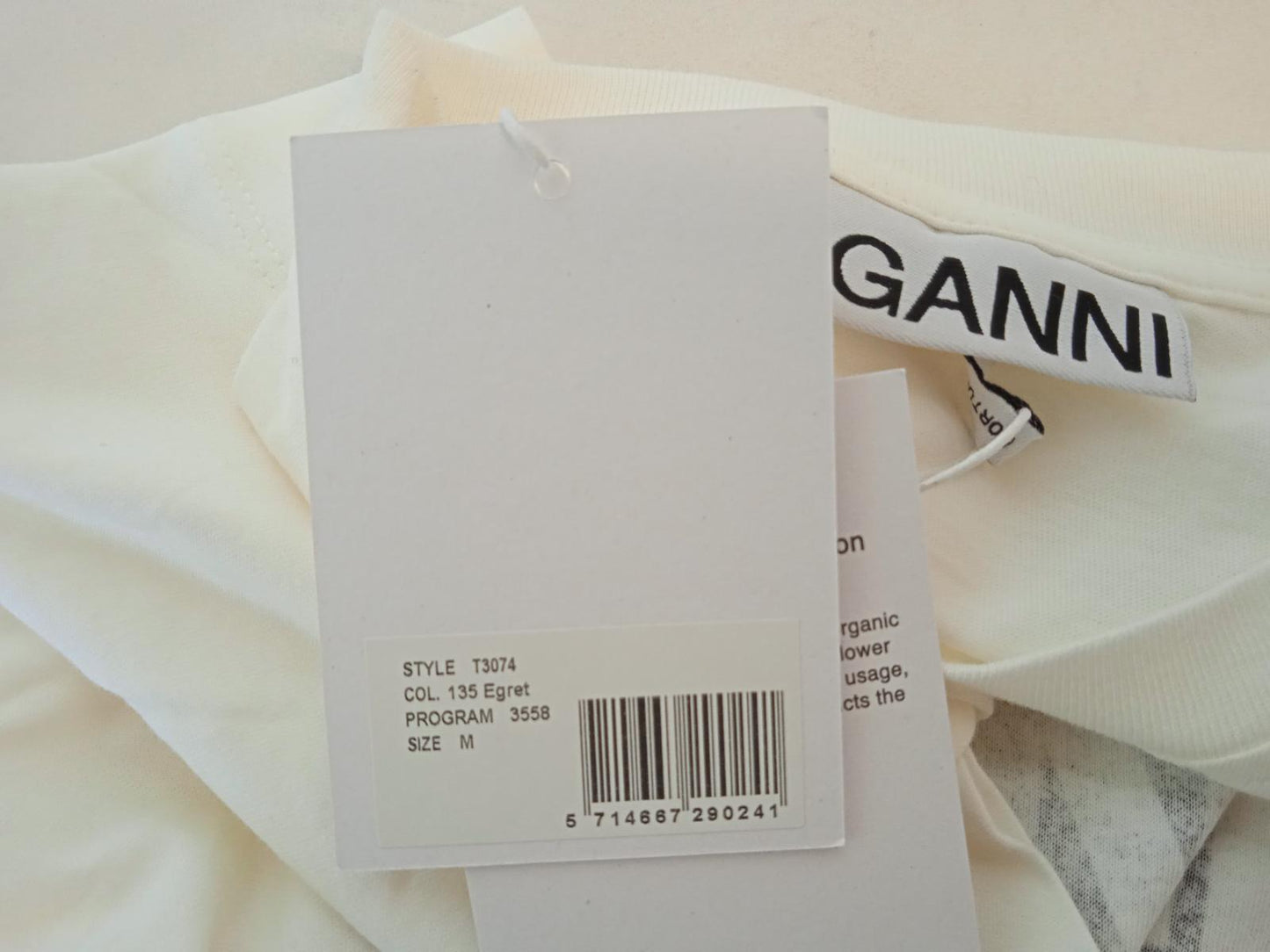 GANNI Smiley Logo T-Shirt Organic Cotton Short Sleeve Ladies Egret M NEW RRP75