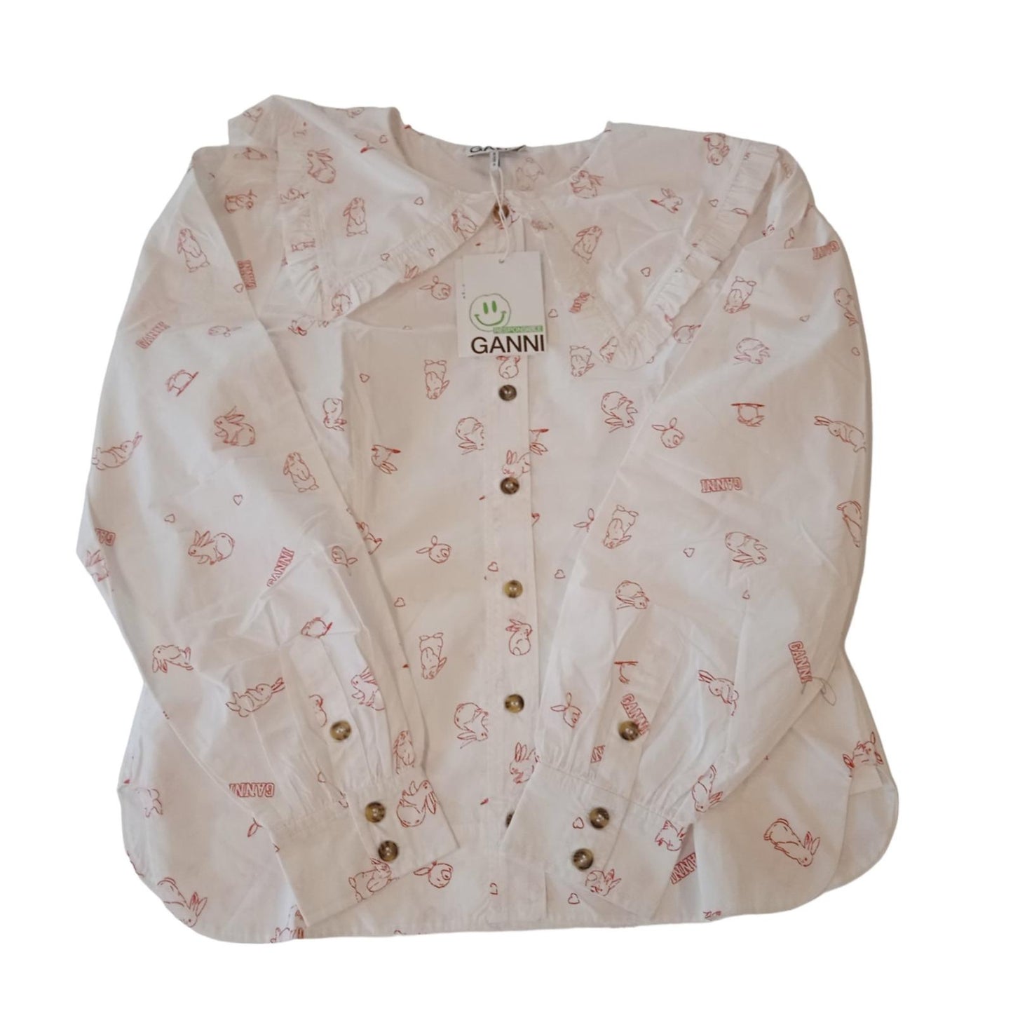 GANNI Shirt White Cotton Bunny Print Long Sleeve Ladies EU40 UK12 NEW RRP165