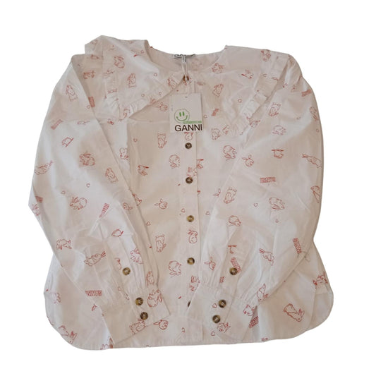GANNI Shirt White Cotton Bunny Print Long Sleeve Ladies EU40 UK12 NEW RRP165