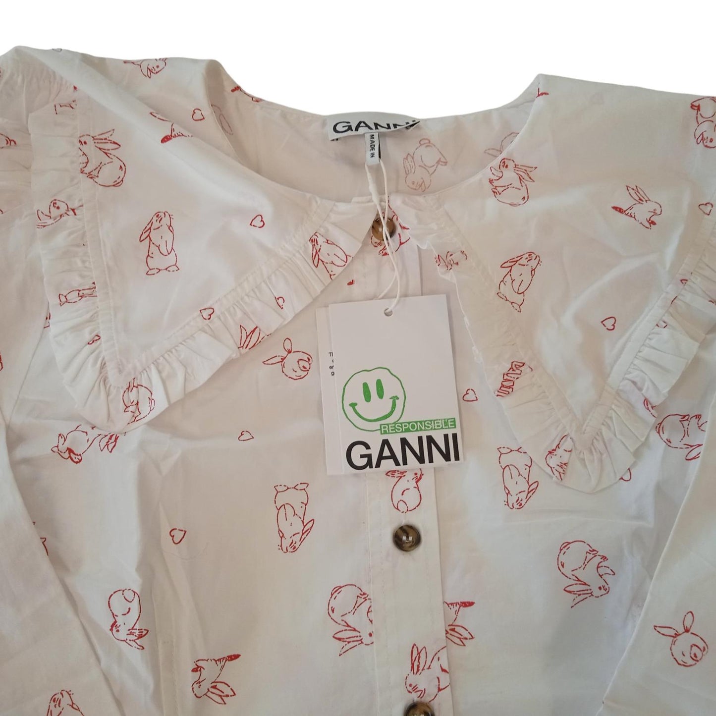 GANNI Shirt White Cotton Bunny Print Long Sleeve Ladies EU40 UK12 NEW RRP165