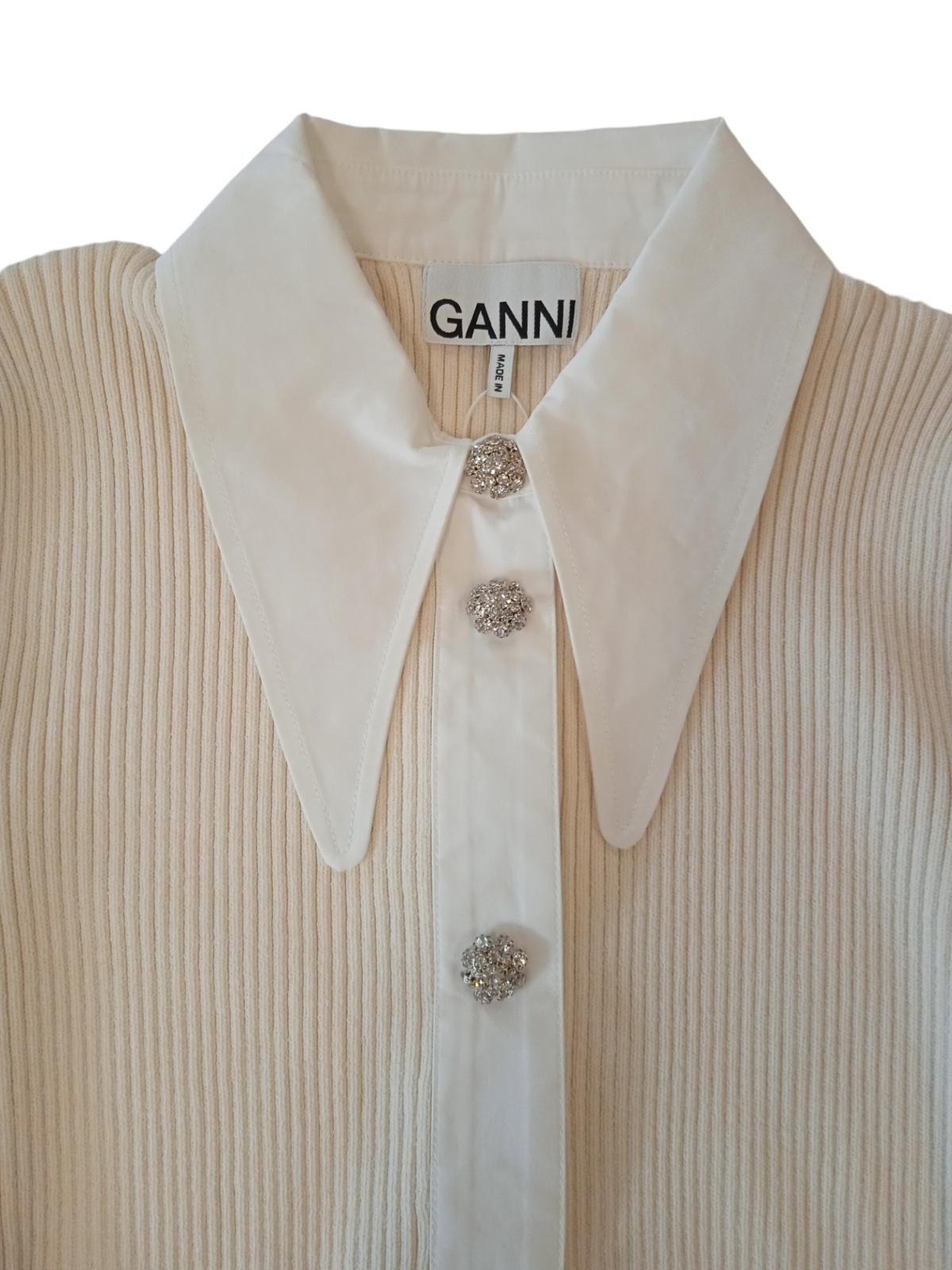 GANNI Ivory Rib-Knit Polo Long Sleeve Button-Up Cardigan Size M RRP255 NEW