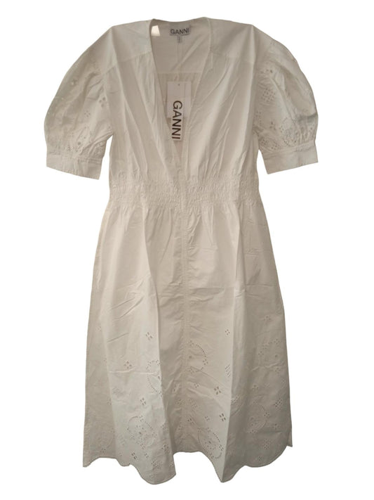 GANNI White Cotton Short Sleeve Perforated Midi Dress EU38 UK10 RRP265 NEW
