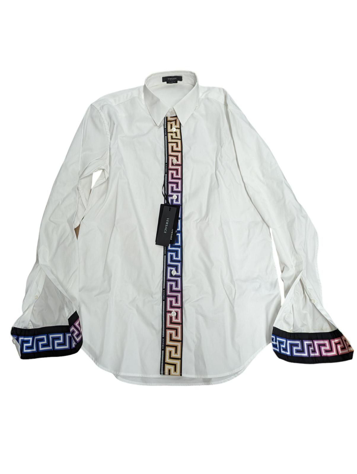 VERSACE White Shirts Grecca Logo Long Sleeve Shirt Colour Stripe M NEW RRP 450