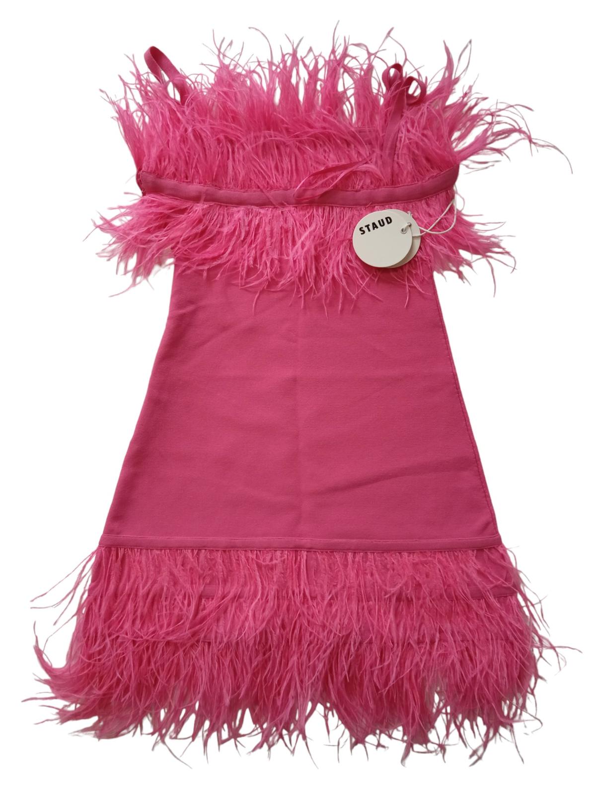 STAUD Ladies Bright Pink Etta Feather Trim Strappy Mini Dress S RRP305 NEW