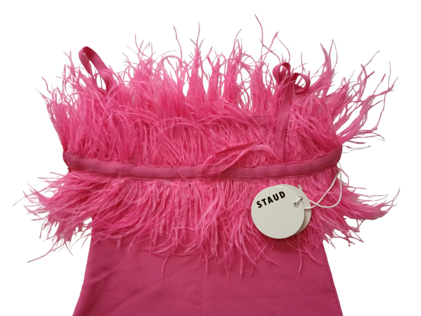STAUD Ladies Bright Pink Etta Feather Trim Strappy Mini Dress S RRP305 NEW
