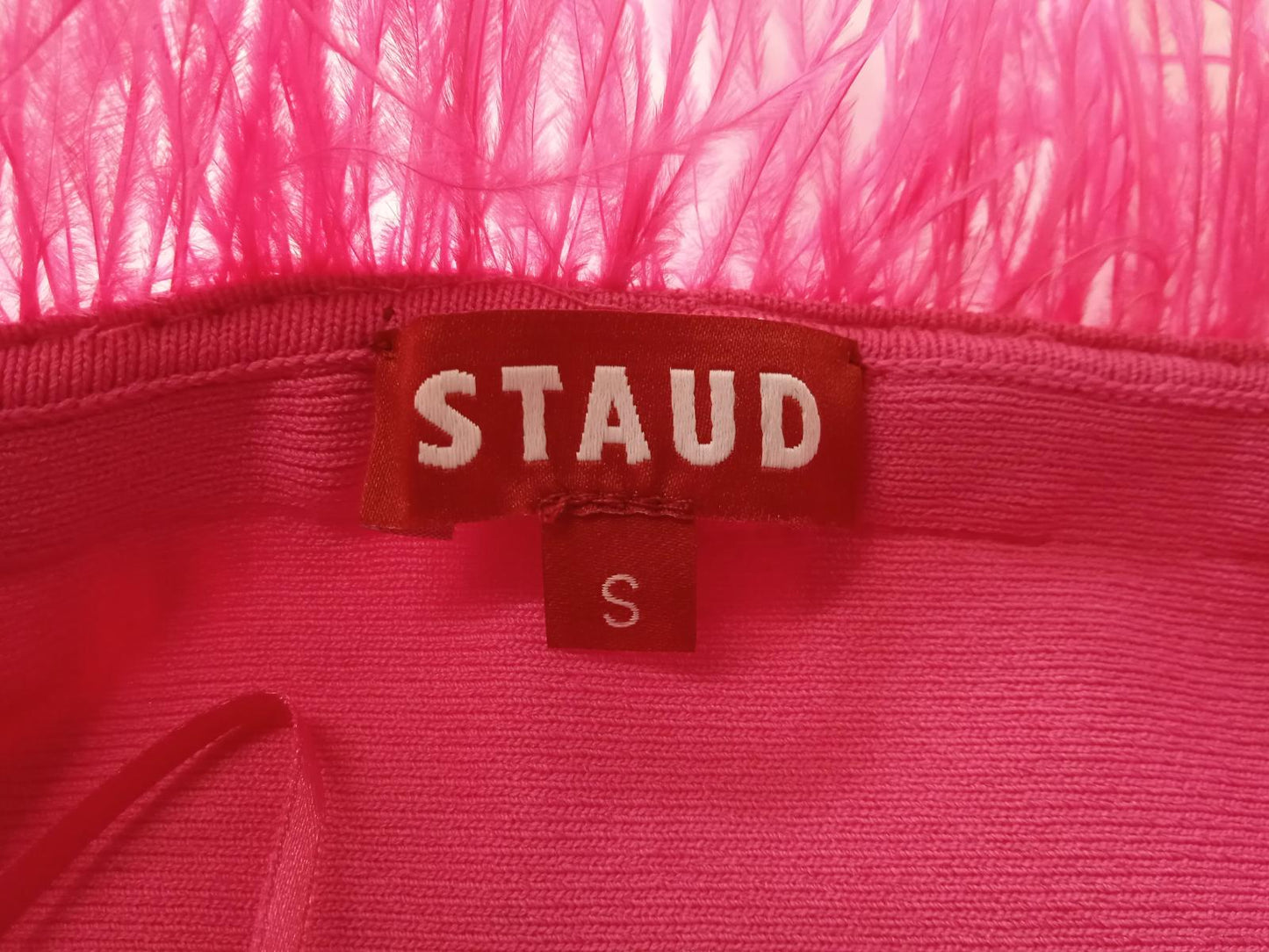 STAUD Ladies Bright Pink Etta Feather Trim Strappy Mini Dress S RRP305 NEW