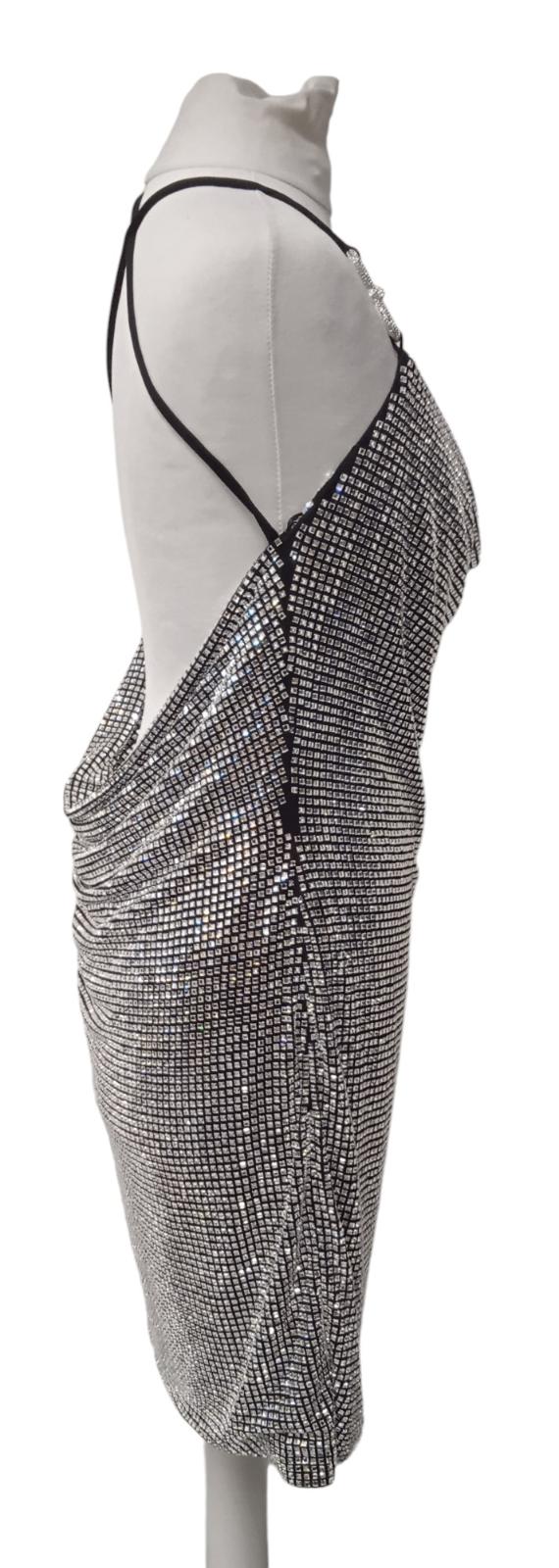 MACH & MACH Crystal Mesh Mini Dress Bow Cowl Neck Silver FR42 UK14 NEW RRP1525