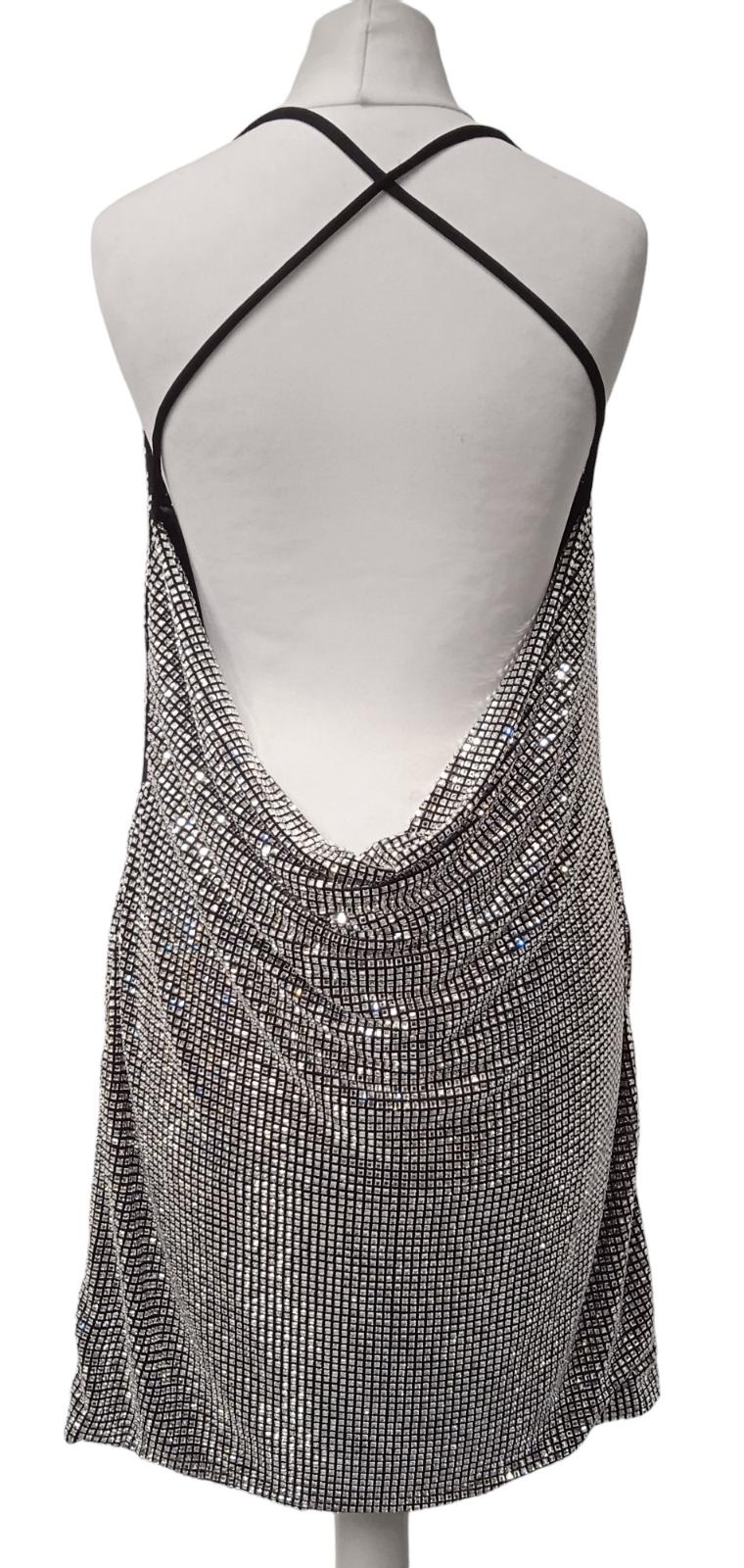 MACH & MACH Crystal Mesh Mini Dress Bow Cowl Neck Silver FR42 UK14 NEW RRP1525