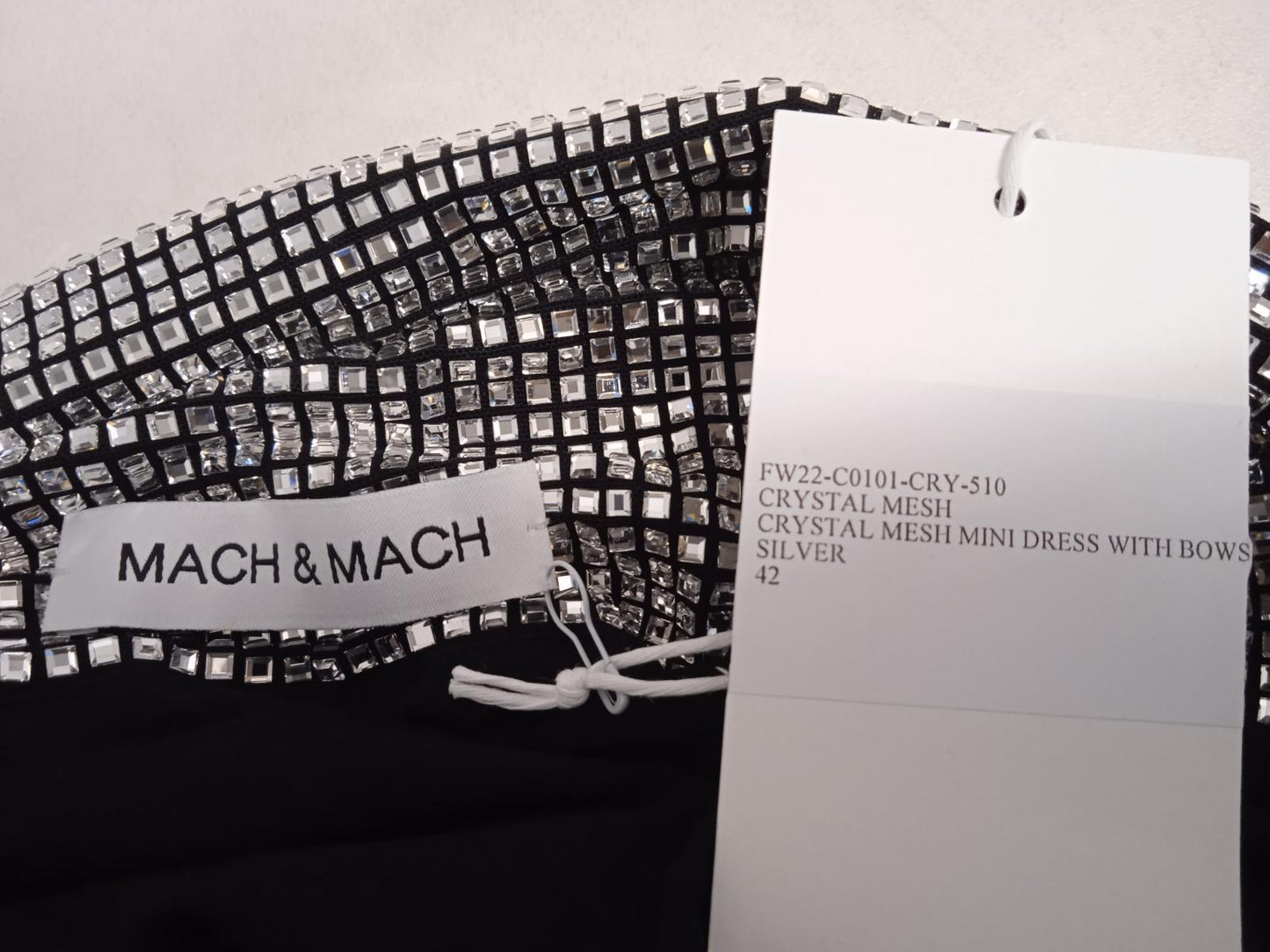 MACH & MACH Crystal Mesh Mini Dress Bow Cowl Neck Silver FR42 UK14 NEW RRP1525