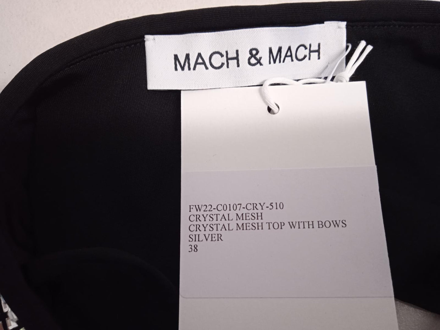 MACH & MACH Crystal Mesh Crop Top w Bow Square Neck Silver FR38 UK10 NEW RRP685