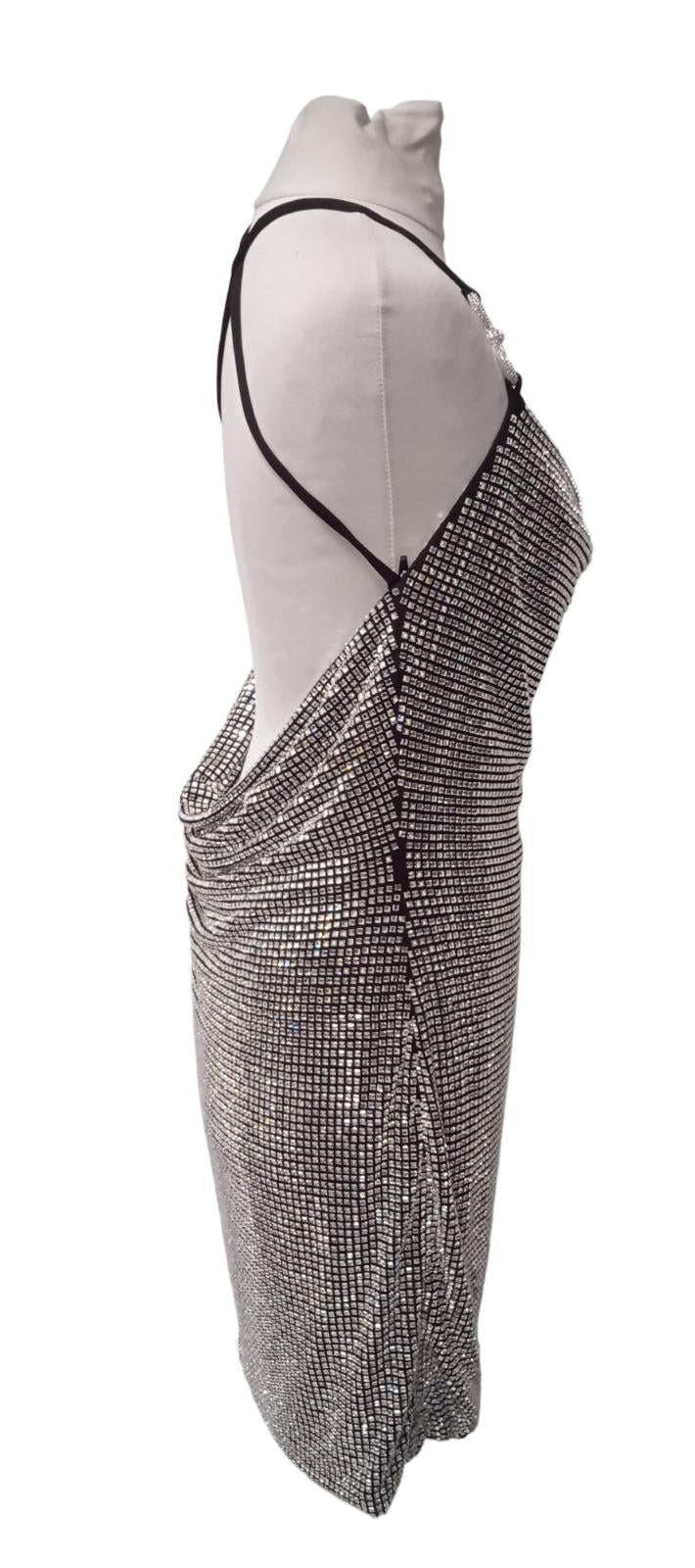 MACH & MACH Crystal Mesh Mini Dress Bow Cowl Neck Silver FR40 UK12 NEW RRP1525