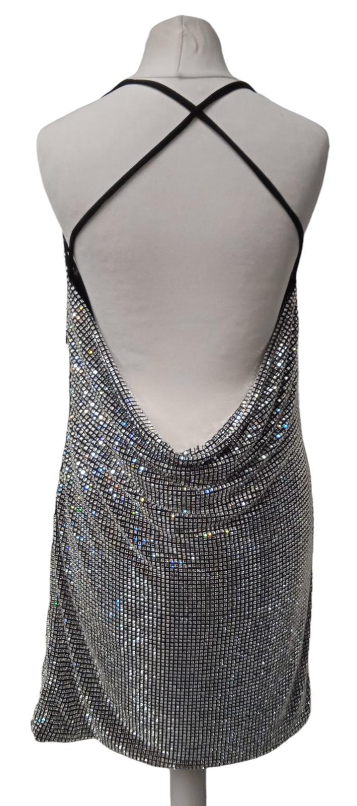 MACH & MACH Crystal Mesh Mini Dress Bow Cowl Neck Silver FR40 UK12 NEW RRP1525