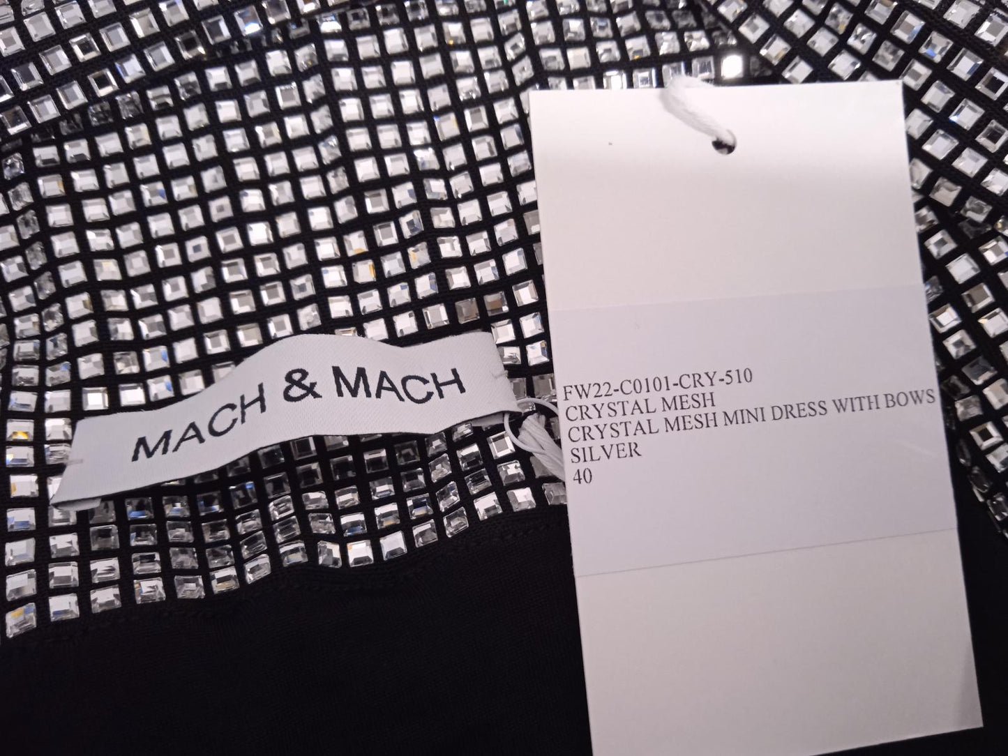 MACH & MACH Crystal Mesh Mini Dress Bow Cowl Neck Silver FR40 UK12 NEW RRP1525