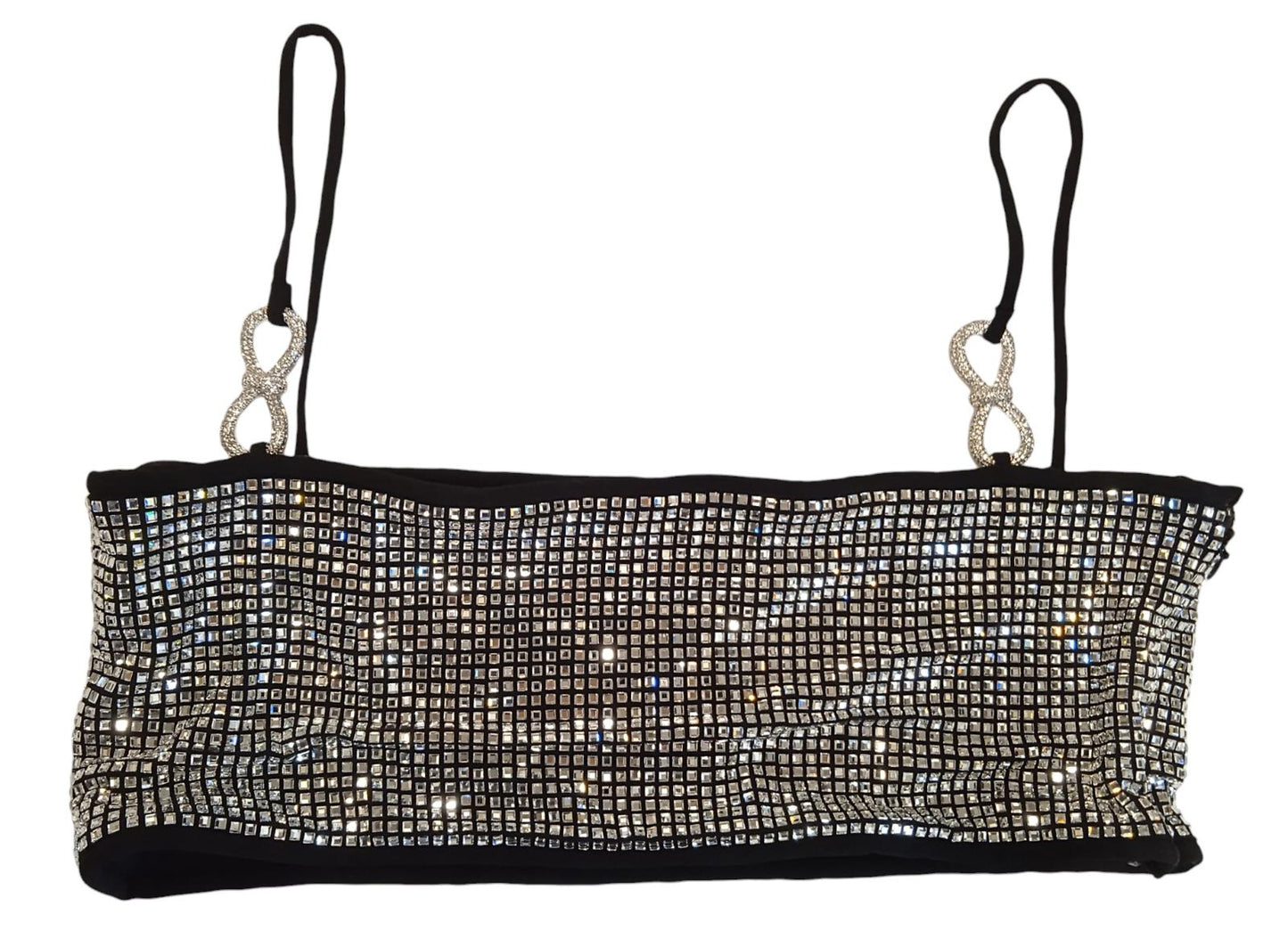 MACH & MACH Crystal Mesh Crop Top w Bow Square Neck Silver FR40 UK12 NEW RRP685