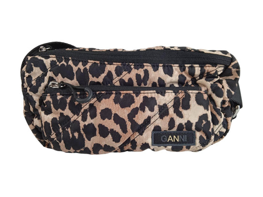GANNI Ladies Brown Leopard Print Quilted Logo-Appliquéd Shoulder Bag OS NEW