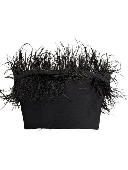 STAUD Black Crop Top Nellie Strapless Feather Trimmed Black Size S NEW RRP 175
