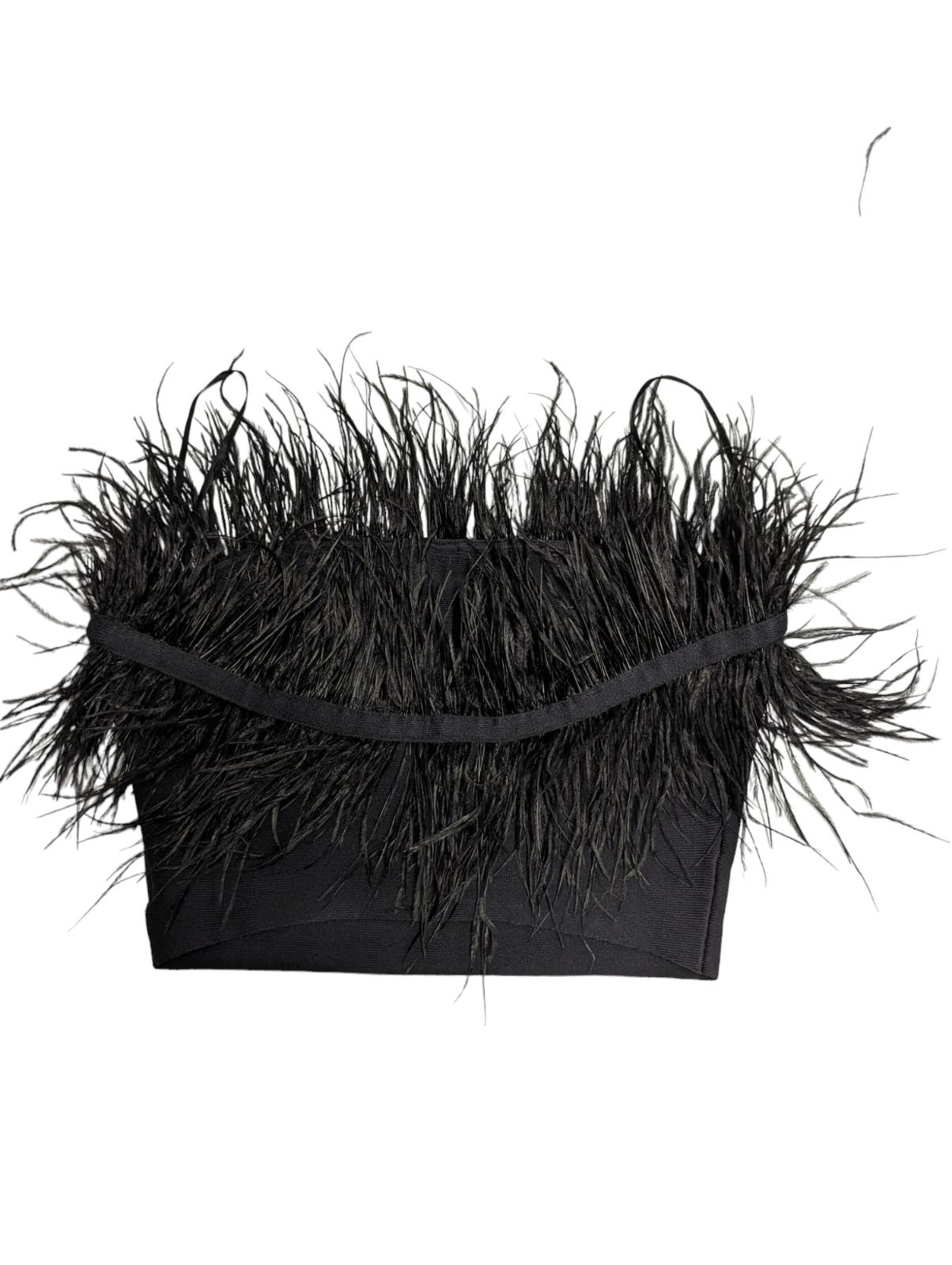 STAUD Black Crop Top Nellie Strapless Feather Trimmed Black Size S NEW RRP 175