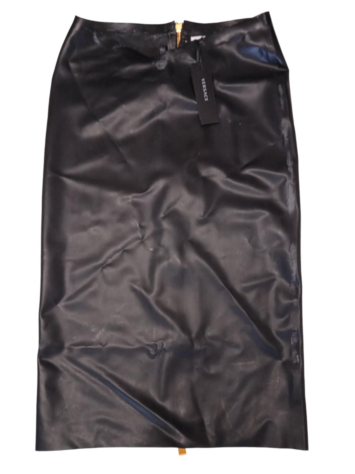 VERSACE Ladies Latex Black Knee Length Hip Strap Skirt Size IT38 UK6 RRP1580 NEW