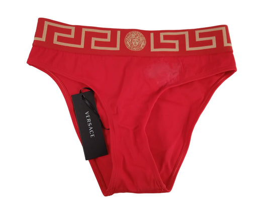 VERSACE Ladies Red Greca Border Waistband High Waist Bikini Bottoms XS NEW