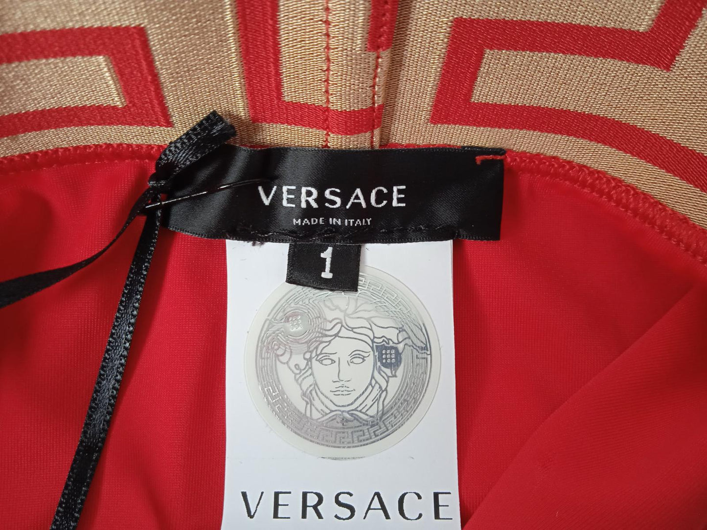 VERSACE Ladies Red Greca Border Waistband High Waist Bikini Bottoms XS NEW