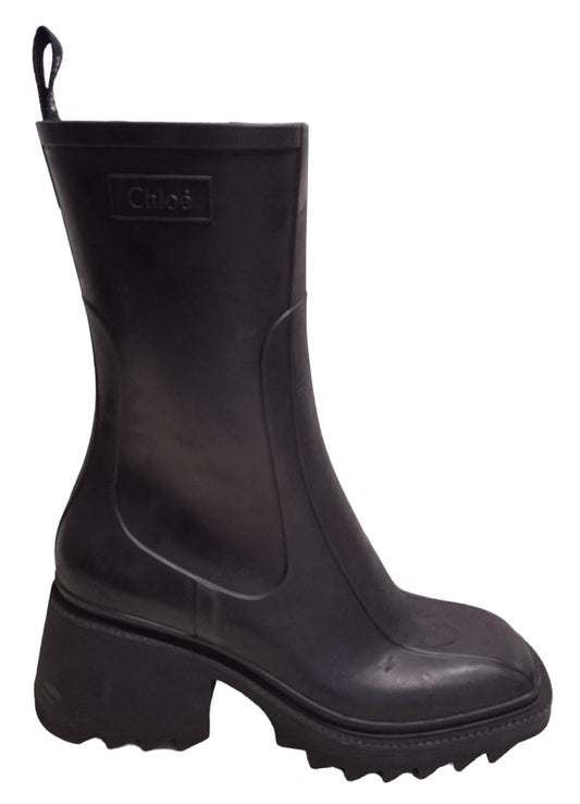 CHLOE Ladies Betty 75 Black PVC Zip Block Heels Mid Calf Boots UK7 NEW RRP850