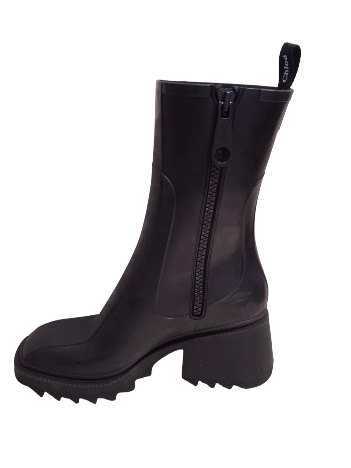 CHLOE Ladies Betty 75 Black PVC Zip Block Heels Mid Calf Boots UK7 NEW RRP850