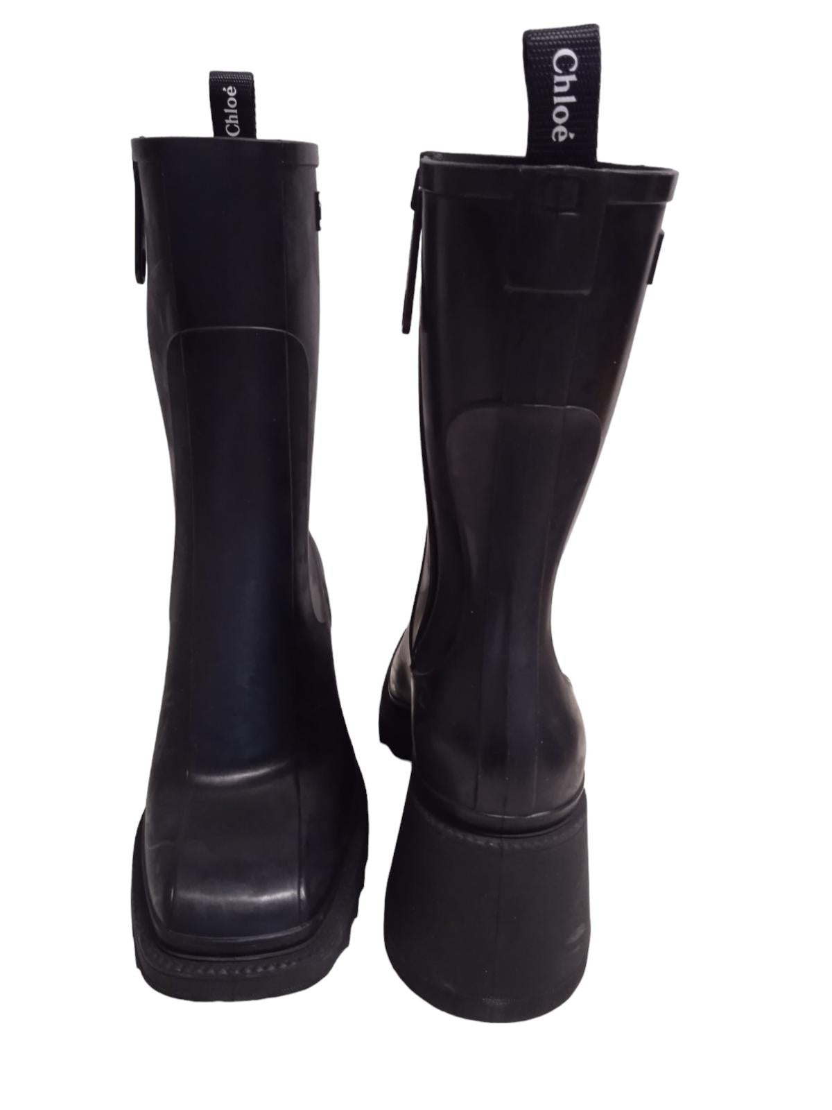 CHLOE Ladies Betty 75 Black PVC Zip Block Heels Mid Calf Boots UK7 NEW RRP850