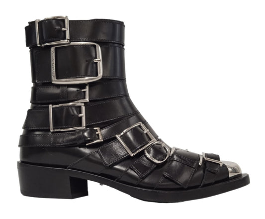 ALEXANDER MCQUEEN Ladies Black Leather Punk Buckle Ankle Boots UK5.5 RRP1390 NEW