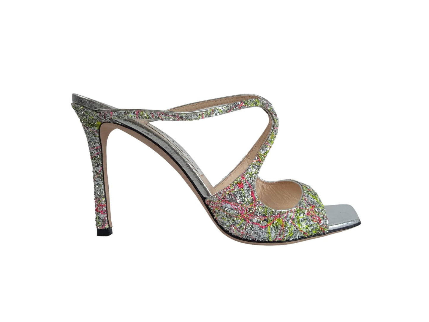 JIMMY CHOO Ladies Silver Glitter Detail Anise 95 Mules Size EU39 UK6 RRP675 NEW